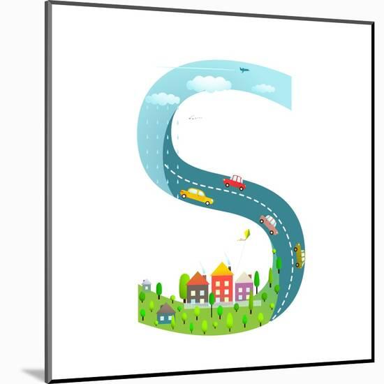 Alphabet Letter S Cartoon Flat Style for Children. for Kids Boys and Girls with City, Houses, Cars,-Popmarleo-Mounted Art Print