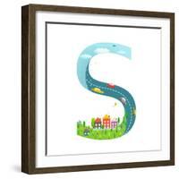 Alphabet Letter S Cartoon Flat Style for Children. for Kids Boys and Girls with City, Houses, Cars,-Popmarleo-Framed Art Print