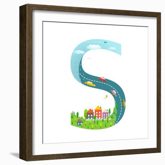 Alphabet Letter S Cartoon Flat Style for Children. for Kids Boys and Girls with City, Houses, Cars,-Popmarleo-Framed Art Print