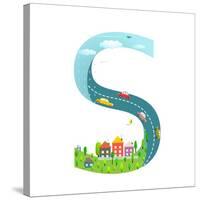 Alphabet Letter S Cartoon Flat Style for Children. for Kids Boys and Girls with City, Houses, Cars,-Popmarleo-Stretched Canvas