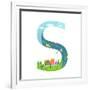 Alphabet Letter S Cartoon Flat Style for Children. for Kids Boys and Girls with City, Houses, Cars,-Popmarleo-Framed Art Print