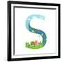 Alphabet Letter S Cartoon Flat Style for Children. for Kids Boys and Girls with City, Houses, Cars,-Popmarleo-Framed Art Print