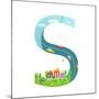 Alphabet Letter S Cartoon Flat Style for Children. for Kids Boys and Girls with City, Houses, Cars,-Popmarleo-Mounted Art Print