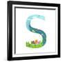 Alphabet Letter S Cartoon Flat Style for Children. for Kids Boys and Girls with City, Houses, Cars,-Popmarleo-Framed Art Print