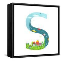 Alphabet Letter S Cartoon Flat Style for Children. for Kids Boys and Girls with City, Houses, Cars,-Popmarleo-Framed Stretched Canvas