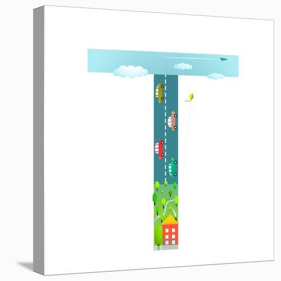Alphabet Letter T Cartoon Flat Style for Children. for Kids Boys and Girls with City, Houses, Cars,-Popmarleo-Stretched Canvas