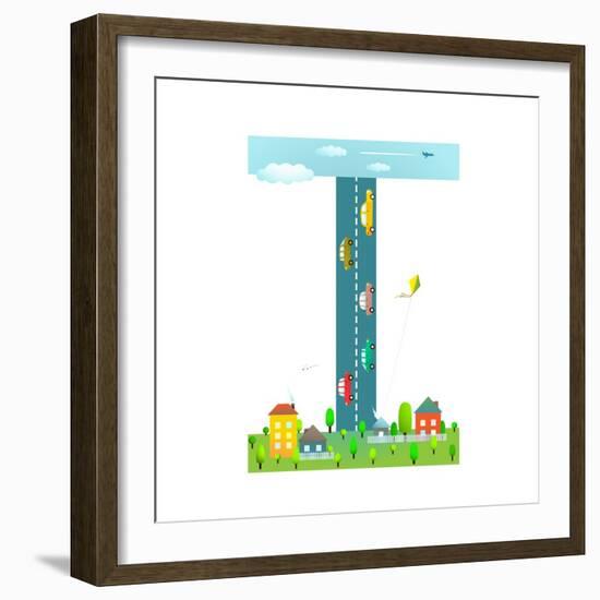 Alphabet Sign I Cartoon Style for Kids. Fun Alphabet Letter for Children Boys and Girls with City,-Popmarleo-Framed Art Print