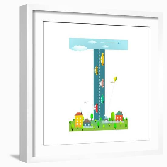 Alphabet Sign I Cartoon Style for Kids. Fun Alphabet Letter for Children Boys and Girls with City,-Popmarleo-Framed Art Print