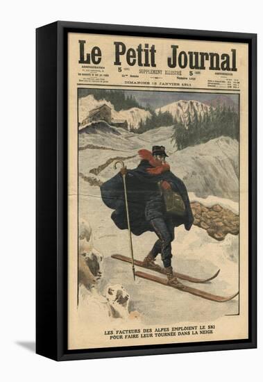 Alpine Postmen Using Ski During their Rounds in the Snow-French School-Framed Stretched Canvas