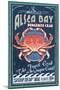 Alsea Bay, Oregon - Dungeness Crab Vintage Sign-Lantern Press-Mounted Art Print