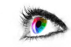 Eye Macro in High Key Black and White with Colourful Rainbow in Iris-Alta Oosthuizen-Photographic Print
