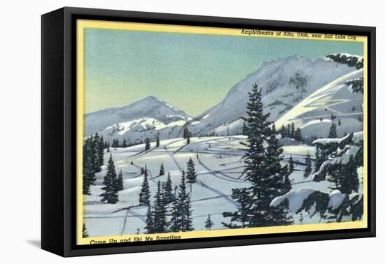 Alta, Utah, Aerial View of a Snowy Amphitheatre, Skiers Skiing-Lantern Press-Framed Stretched Canvas