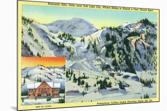 Alta, Utah, Aerial View of Collins Gulch, Giant Ski-Lift, and New Ski Lodge Bldg-Lantern Press-Mounted Premium Giclee Print