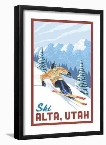 Alta, Utah - Ski Alta - Downhill Skier - Lantern Press Artwork-Lantern Press-Framed Art Print