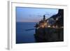 Amalfi Coast Road Light Trails from Cars with Church of Santa Maria Maddalena at Blue Hour-Eleanor Scriven-Framed Photographic Print