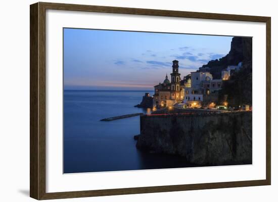 Amalfi Coast Road Light Trails from Cars with Church of Santa Maria Maddalena at Blue Hour-Eleanor Scriven-Framed Photographic Print