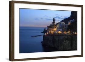 Amalfi Coast Road Light Trails from Cars with Church of Santa Maria Maddalena at Blue Hour-Eleanor Scriven-Framed Photographic Print