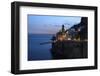 Amalfi Coast Road Light Trails from Cars with Church of Santa Maria Maddalena at Blue Hour-Eleanor Scriven-Framed Photographic Print