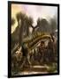 Amargasaurus Is Fending Off a Pack of Carnotaurus-Stocktrek Images-Framed Art Print