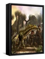 Amargasaurus Is Fending Off a Pack of Carnotaurus-Stocktrek Images-Framed Stretched Canvas