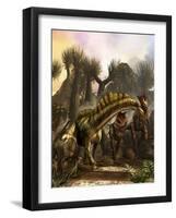 Amargasaurus Is Fending Off a Pack of Carnotaurus-Stocktrek Images-Framed Art Print