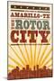 Amarillo, Texas - Skyline and Sunburst Screenprint Style-Lantern Press-Mounted Art Print