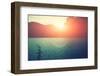 Amazing Silhouette of Mountains at Sunset, Bright Sunset Rays over the Lake at Evening, Mountains A-GaudiLab-Framed Photographic Print