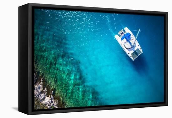 Amazing View to Yacht Sailing in Open Sea at Windy Day. Drone View - Birds Eye Angle-dellm60-Framed Stretched Canvas