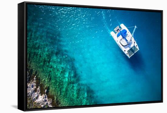 Amazing View to Yacht Sailing in Open Sea at Windy Day. Drone View - Birds Eye Angle-dellm60-Framed Stretched Canvas