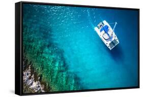 Amazing View to Yacht Sailing in Open Sea at Windy Day. Drone View - Birds Eye Angle-dellm60-Framed Stretched Canvas