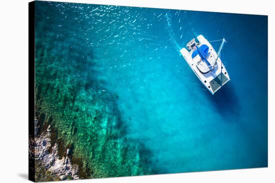 Amazing View to Yacht Sailing in Open Sea at Windy Day. Drone View - Birds Eye Angle-dellm60-Stretched Canvas