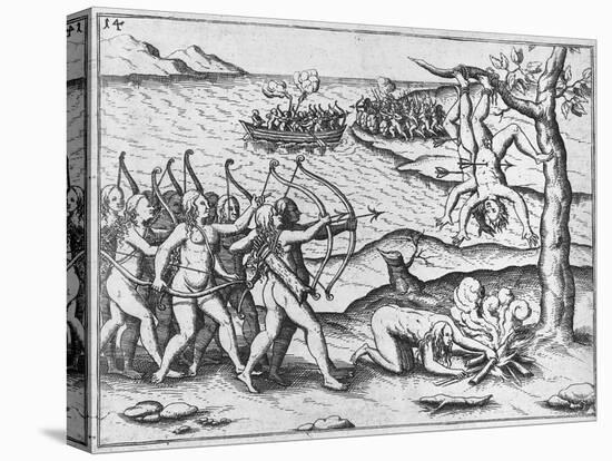 Amazon Women Attack Men Strung Up in Trees-Theodore de Bry-Stretched Canvas