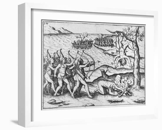 Amazon Women Attack Men Strung Up in Trees-Theodore de Bry-Framed Giclee Print