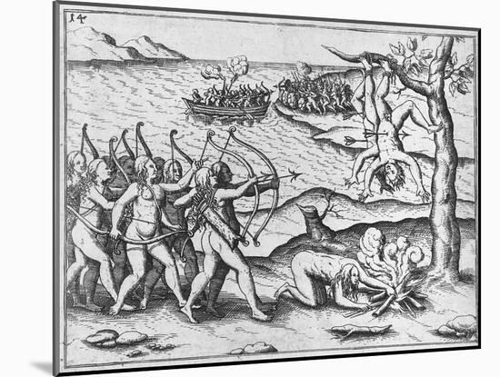 Amazon Women Attack Men Strung Up in Trees-Theodore de Bry-Mounted Giclee Print