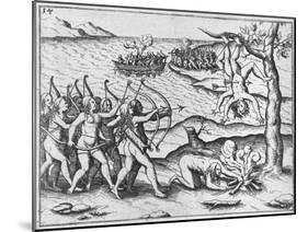 Amazon Women Attack Men Strung Up in Trees-Theodore de Bry-Mounted Giclee Print