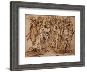 Amazons with a Horse in Procession to the Right pen and ink-Luca Cambiaso-Framed Giclee Print