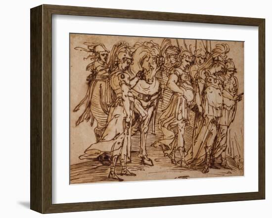 Amazons with a Horse in Procession to the Right pen and ink-Luca Cambiaso-Framed Giclee Print