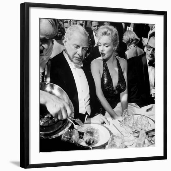 Ambassador Winthrop Aldrich, Ex Envoy to Britain Chatting with Actress Marilyn Monroe-Peter Stackpole-Framed Premium Photographic Print