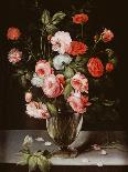 Roses and Carnations in a Glass Vase on a Stone Ledge-Ambrosius Brueghel-Framed Stretched Canvas