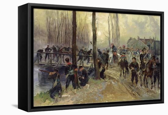 Ambush near a Bridge Defended by Troops, Early Morning, 1870 (Oil on Canvas)-Jean-Baptiste Edouard Detaille-Framed Stretched Canvas