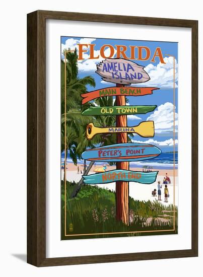 Amelia Island, Florida - Destinations Signpost-Lantern Press-Framed Art Print