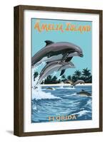 Amelia Island, Florida - Dolphins Jumping-Lantern Press-Framed Art Print