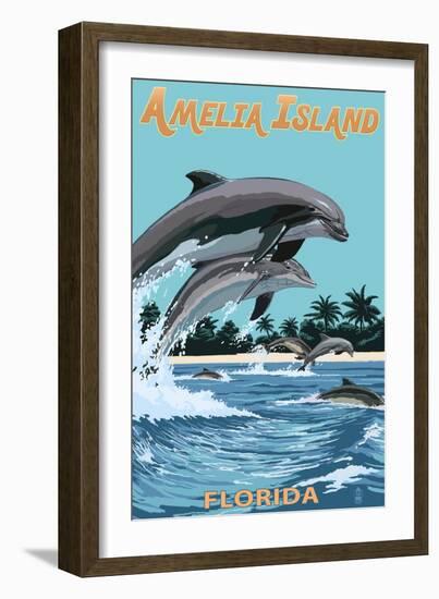 Amelia Island, Florida - Dolphins Jumping-Lantern Press-Framed Art Print