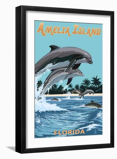 Amelia Island, Florida - Dolphins Jumping-Lantern Press-Framed Art Print