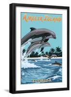 Amelia Island, Florida - Dolphins Jumping-Lantern Press-Framed Art Print