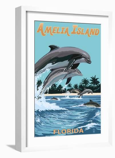 Amelia Island, Florida - Dolphins Jumping-Lantern Press-Framed Art Print