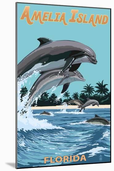 Amelia Island, Florida - Dolphins Jumping-Lantern Press-Mounted Art Print
