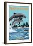 Amelia Island, Florida - Dolphins Jumping-Lantern Press-Framed Art Print