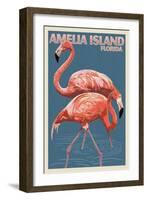 Amelia Island, Florida - Flamingo - Letterpress-Lantern Press-Framed Art Print