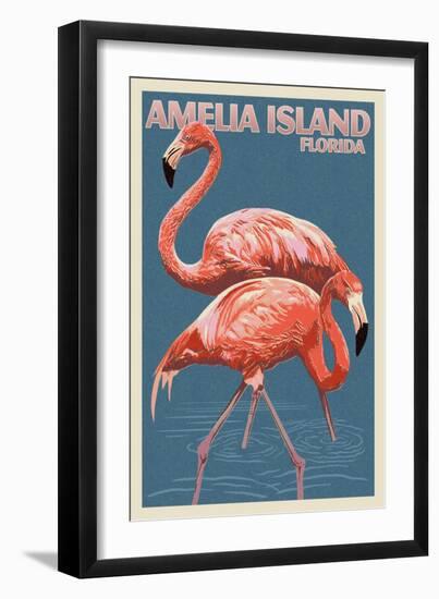 Amelia Island, Florida - Flamingo - Letterpress-Lantern Press-Framed Art Print